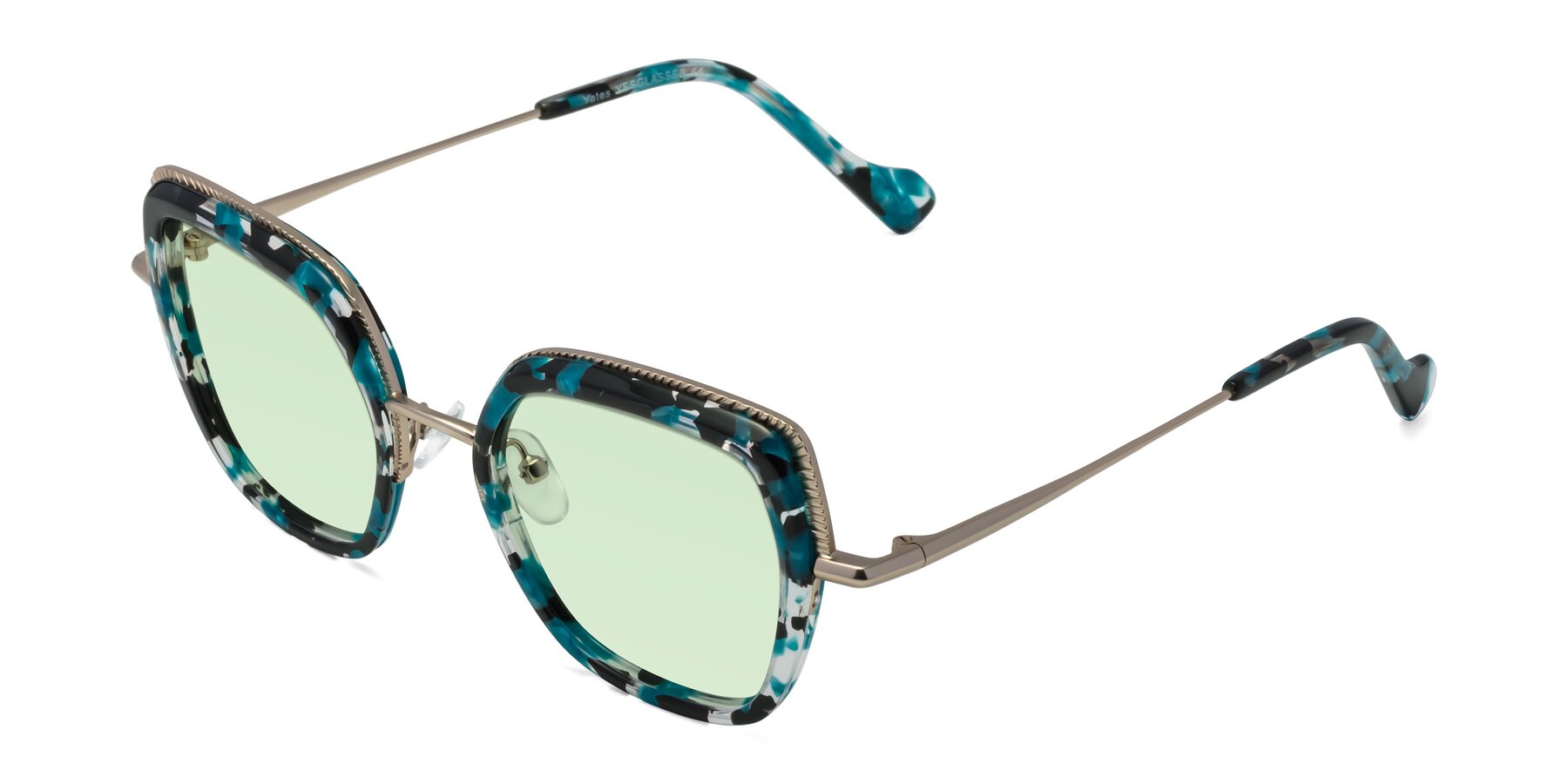 Angle of Yates in Blue Floral-Gold with Light Green Tinted Lenses