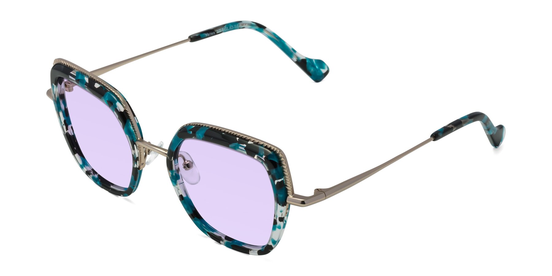 Angle of Yates in Blue Floral-Gold with Light Purple Tinted Lenses