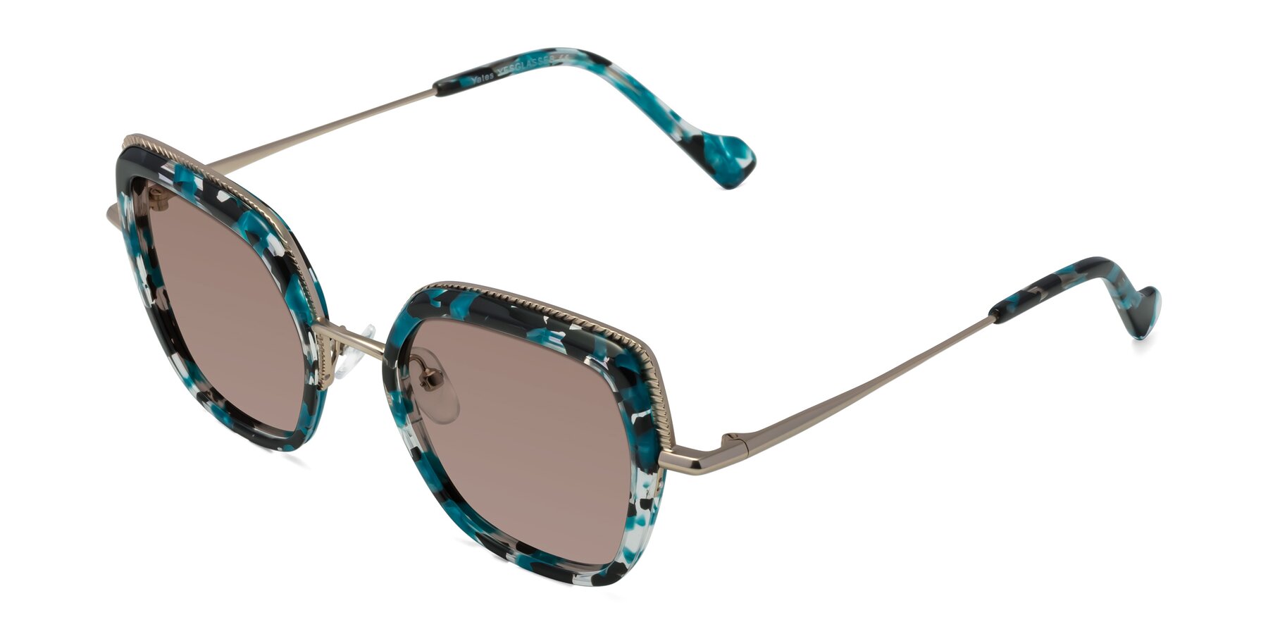 Angle of Yates in Blue Floral-Gold with Medium Brown Tinted Lenses