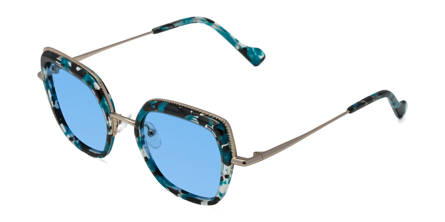 Angle of Yates in Blue Floral-Gold with Medium Blue Tinted Lenses