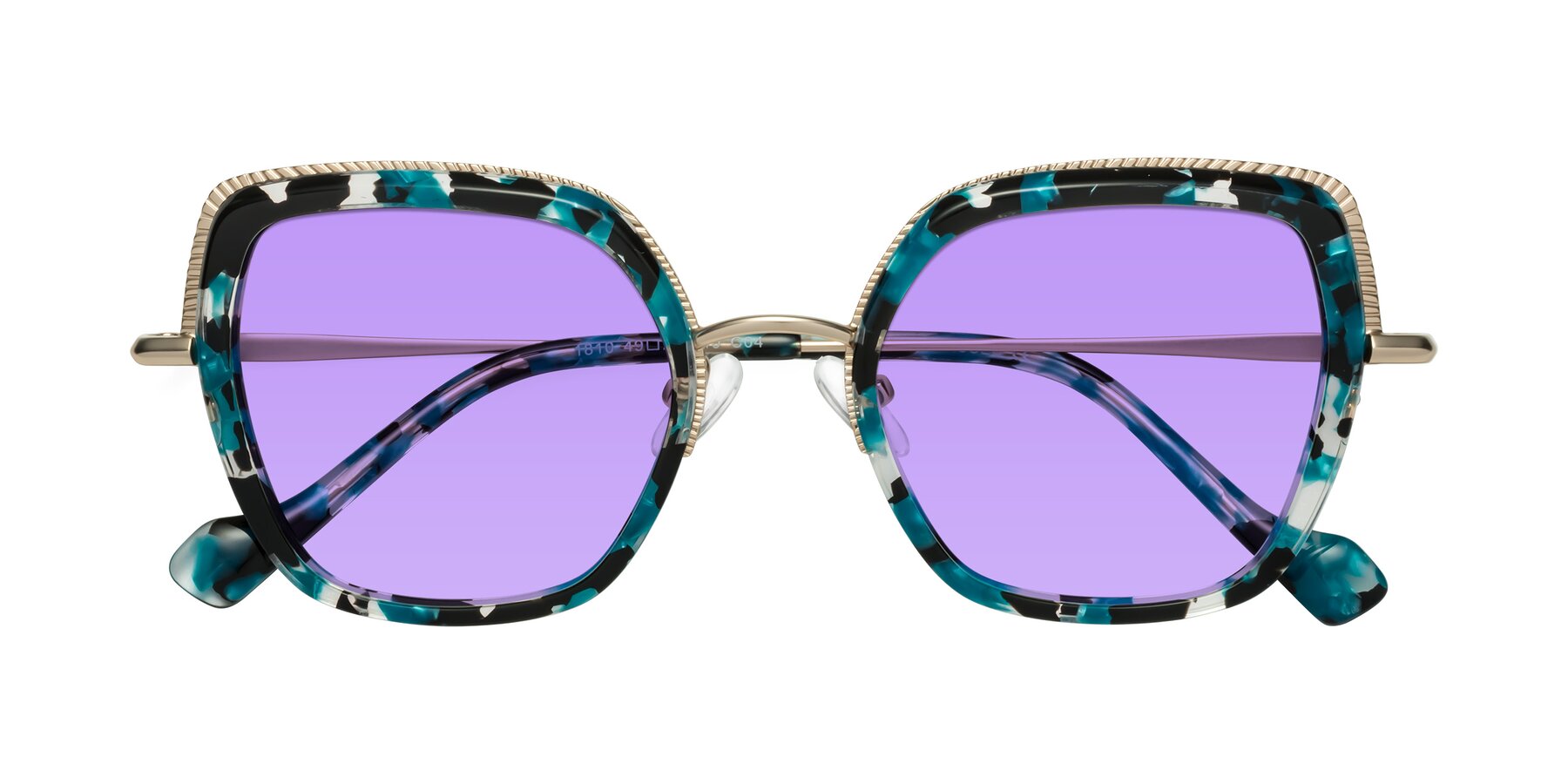 Folded Front of Yates in Blue Floral-Gold with Medium Purple Tinted Lenses