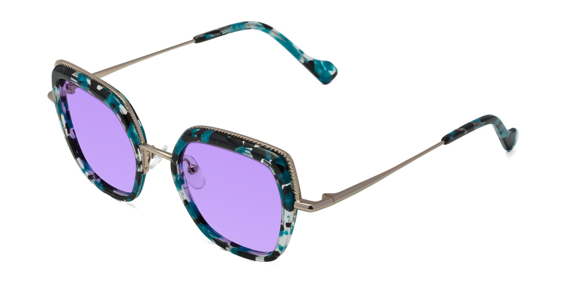 Angle of Yates in Blue Floral-Gold with Medium Purple Tinted Lenses