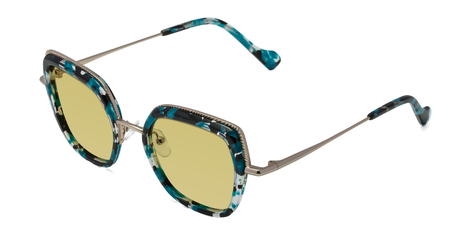 Angle of Yates in Blue Floral-Gold with Medium Champagne Tinted Lenses