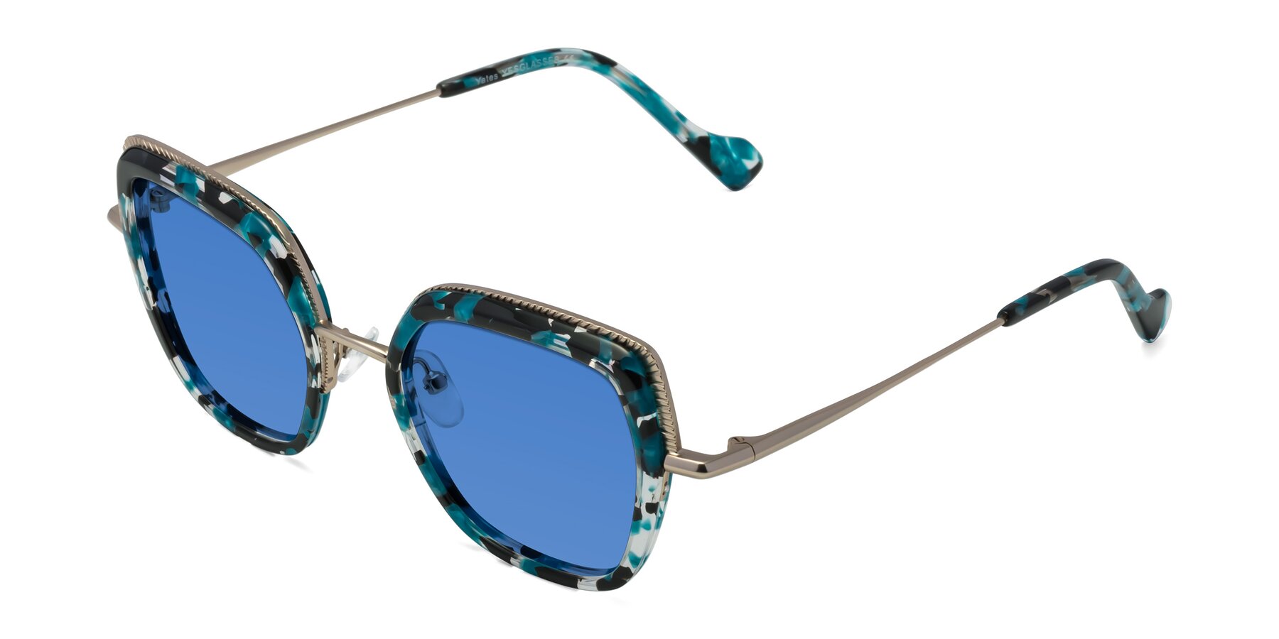 Angle of Yates in Blue Floral-Gold with Blue Tinted Lenses