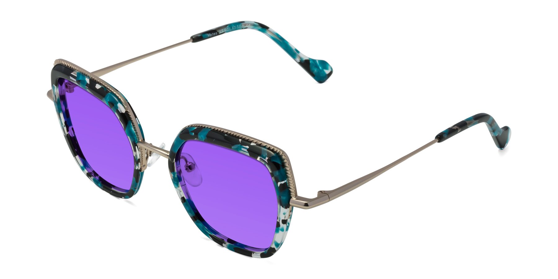 Angle of Yates in Blue Floral-Gold with Purple Tinted Lenses