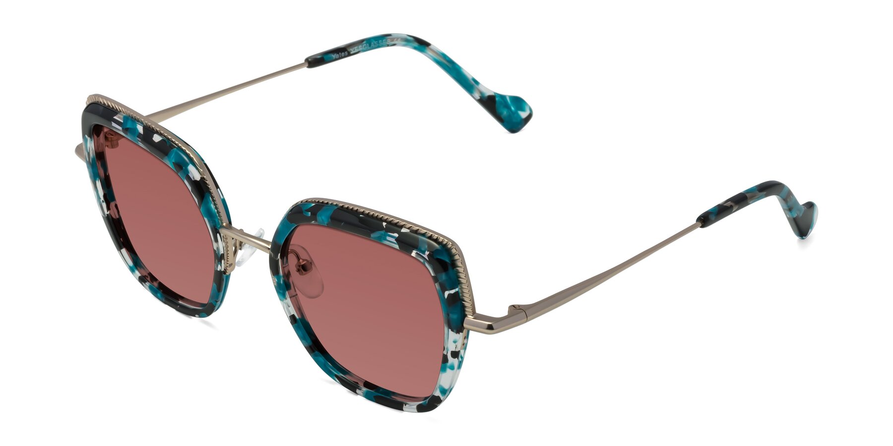 Angle of Yates in Blue Floral-Gold with Garnet Tinted Lenses