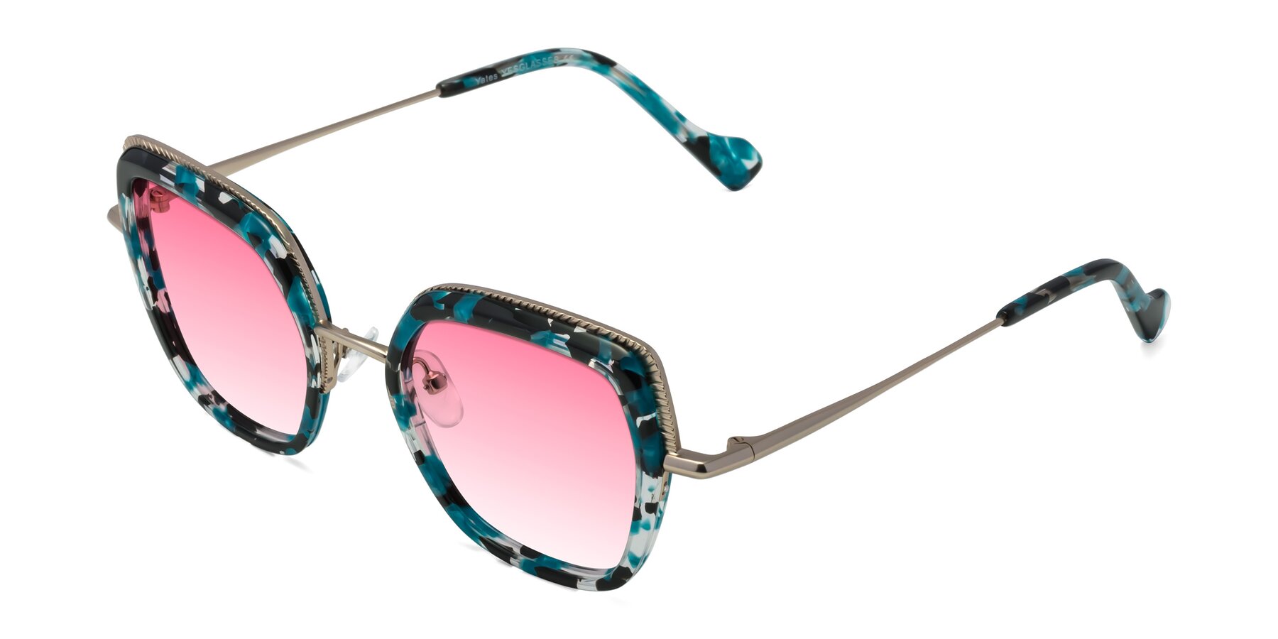 Angle of Yates in Blue Floral-Gold with Pink Gradient Lenses