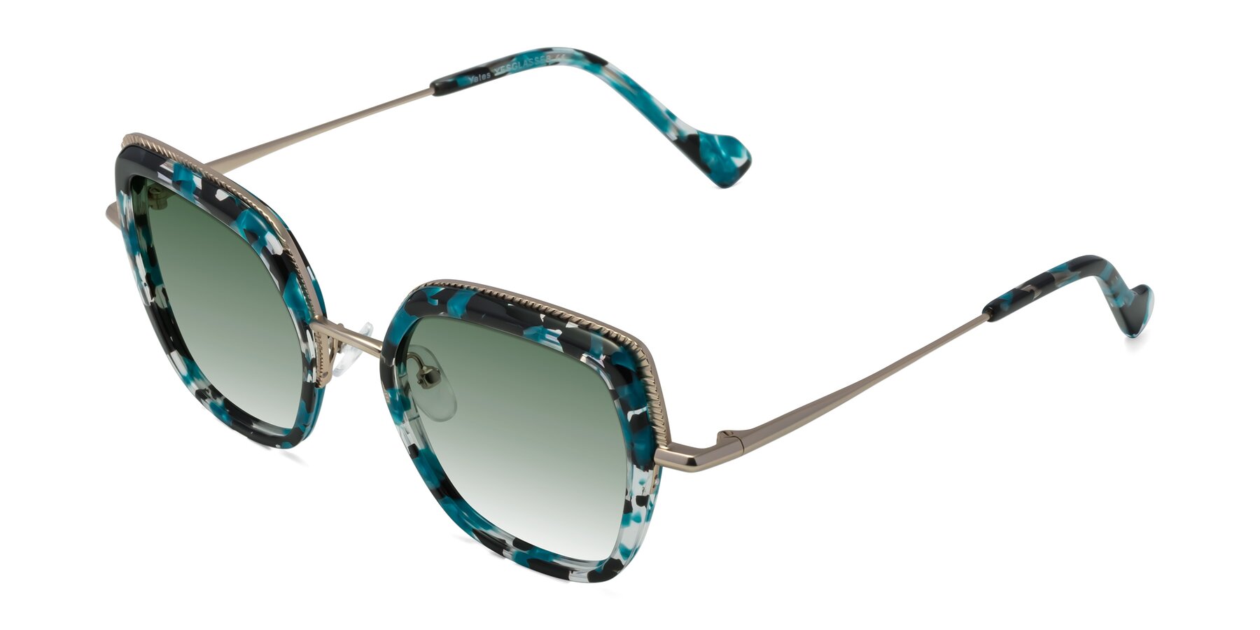 Angle of Yates in Blue Floral-Gold with Green Gradient Lenses