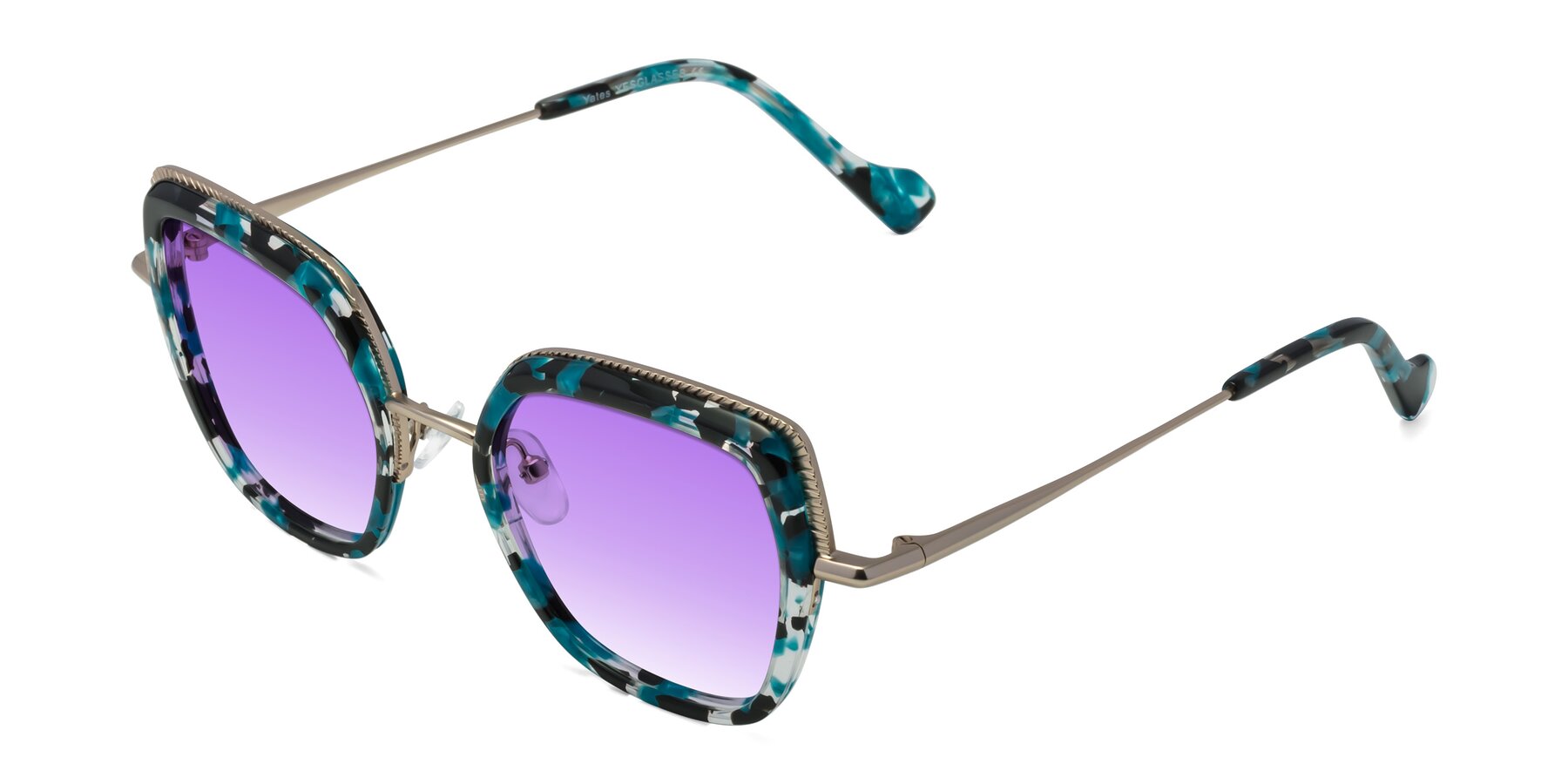 Angle of Yates in Blue Floral-Gold with Purple Gradient Lenses