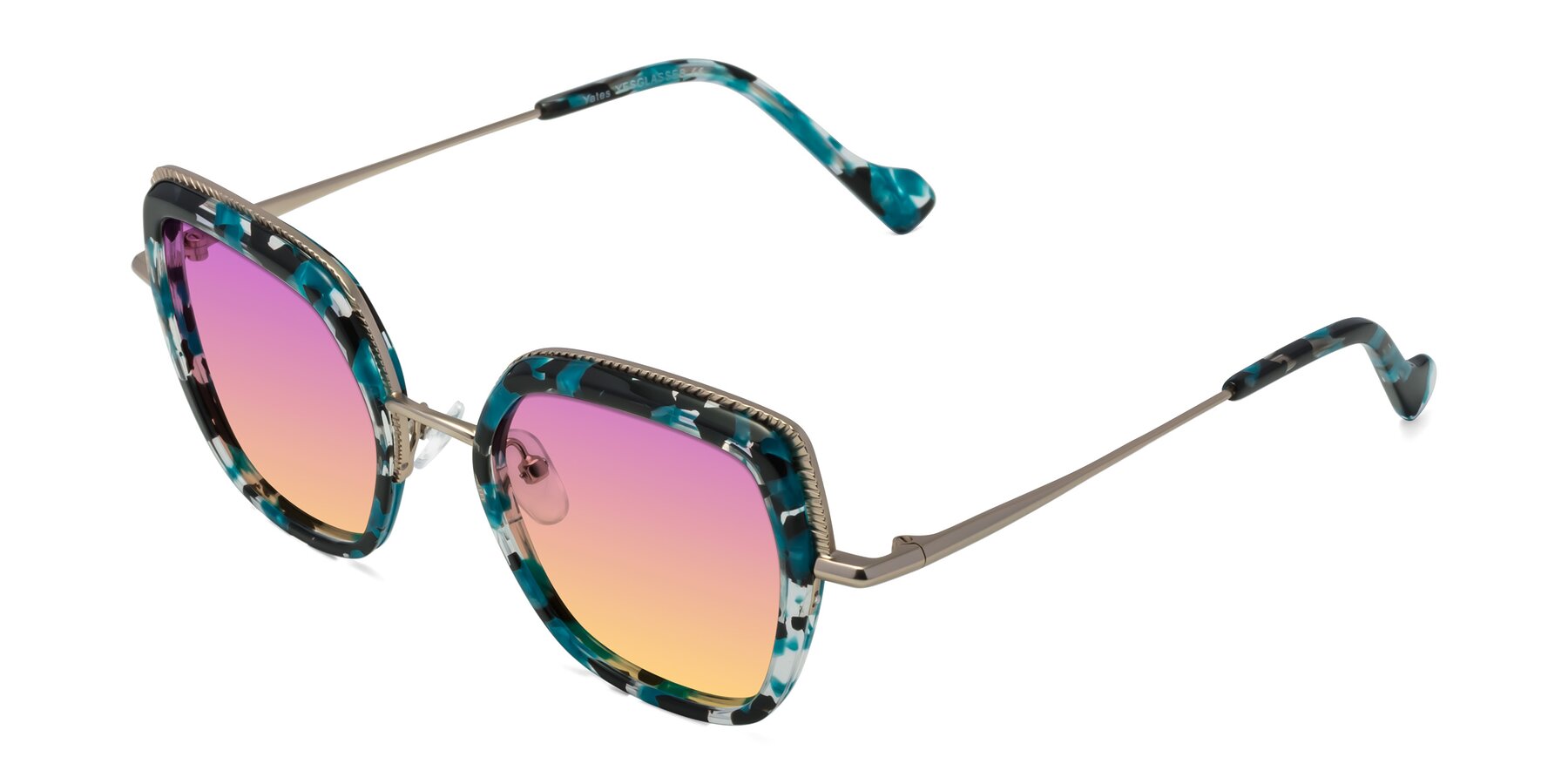 Angle of Yates in Blue Floral-Gold with Purple / Yellow Gradient Lenses