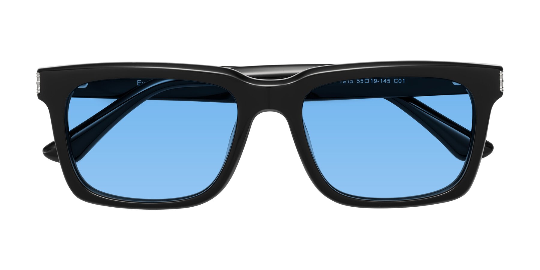 Folded Front of Evergreen in Black with Medium Blue Tinted Lenses