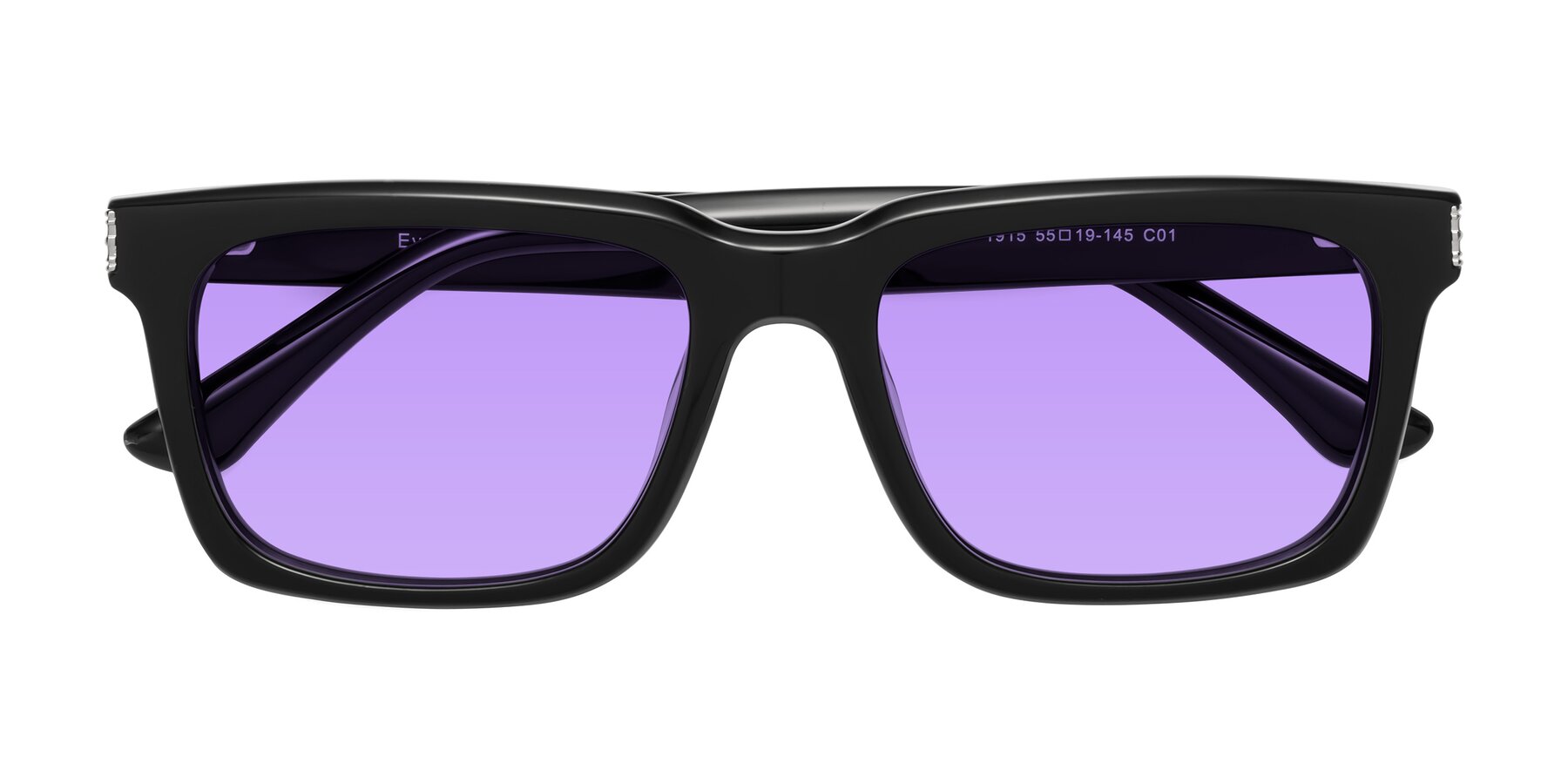 Folded Front of Evergreen in Black with Medium Purple Tinted Lenses