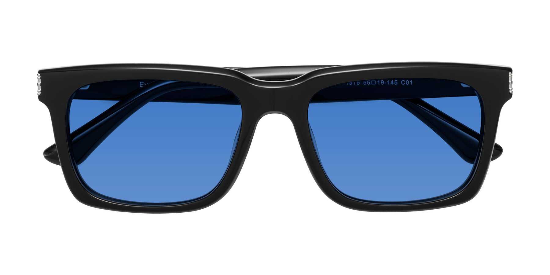 Folded Front of Evergreen in Black with Blue Tinted Lenses