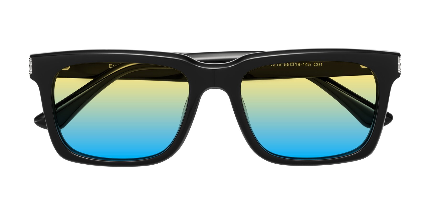 Folded Front of Evergreen in Black with Yellow / Blue Gradient Lenses