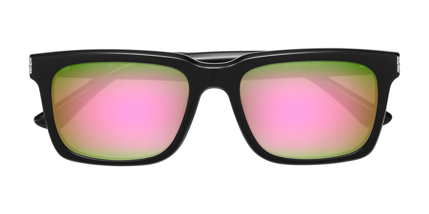 Folded Front of Evergreen in Black with Pink Mirrored Lenses