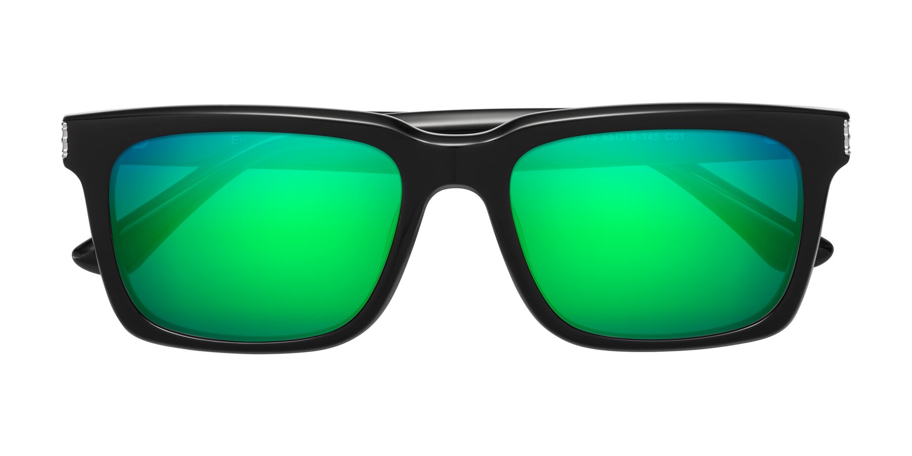 Folded Front of Evergreen in Black with Green Mirrored Lenses