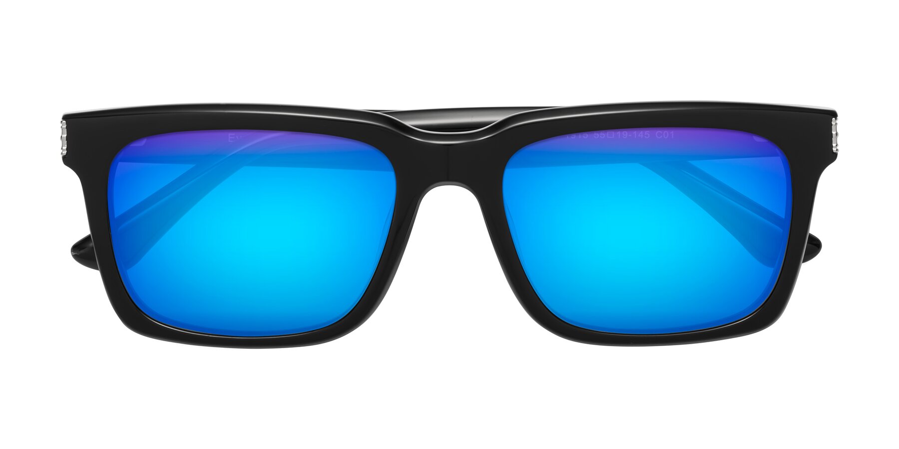 Folded Front of Evergreen in Black with Blue Mirrored Lenses