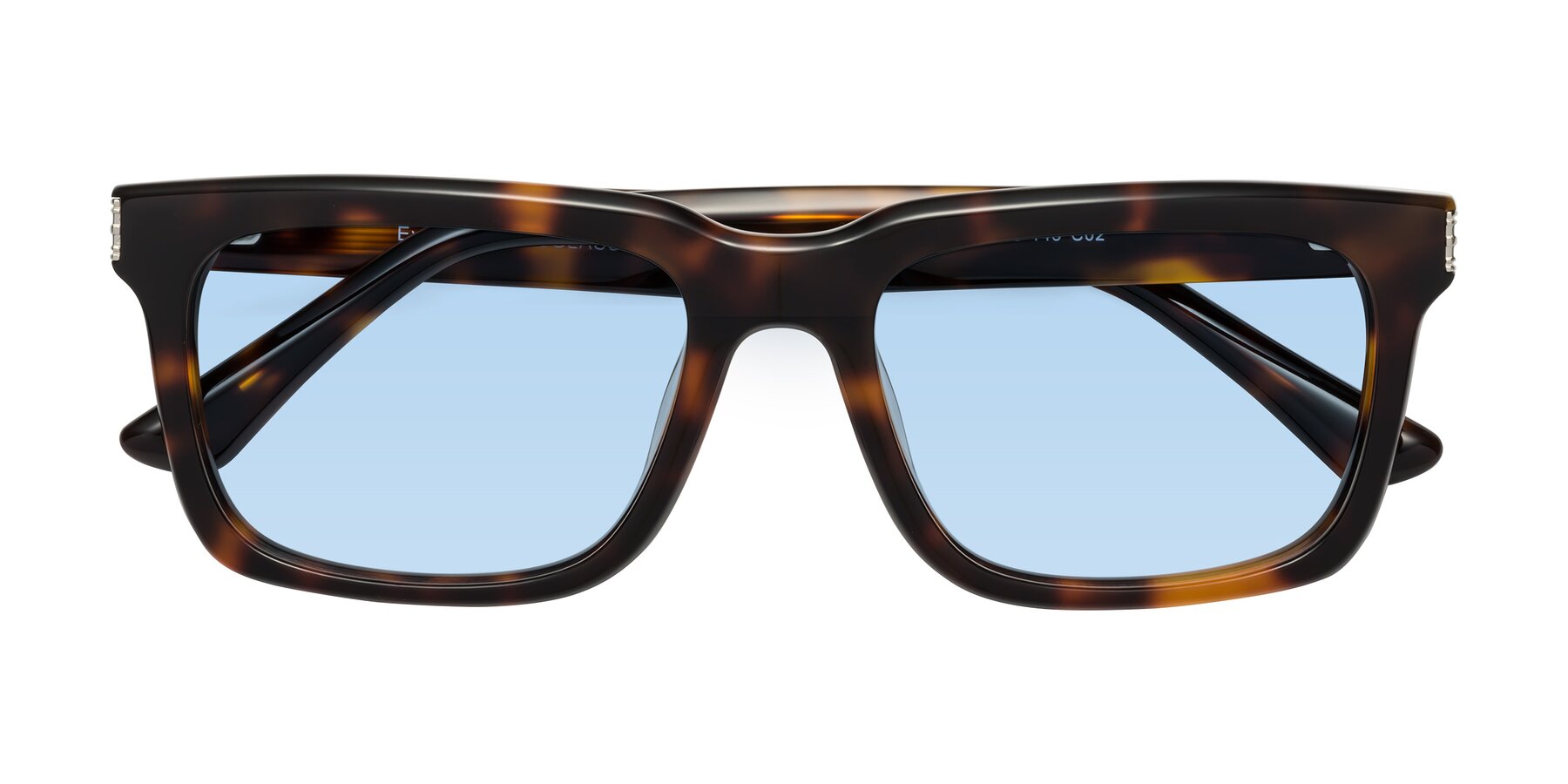 Folded Front of Evergreen in Tortoise with Light Blue Tinted Lenses