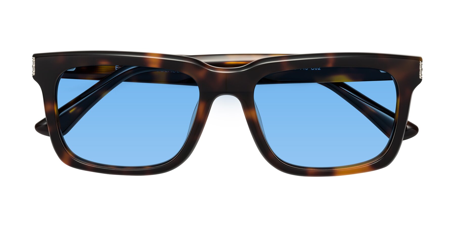 Folded Front of Evergreen in Tortoise with Medium Blue Tinted Lenses
