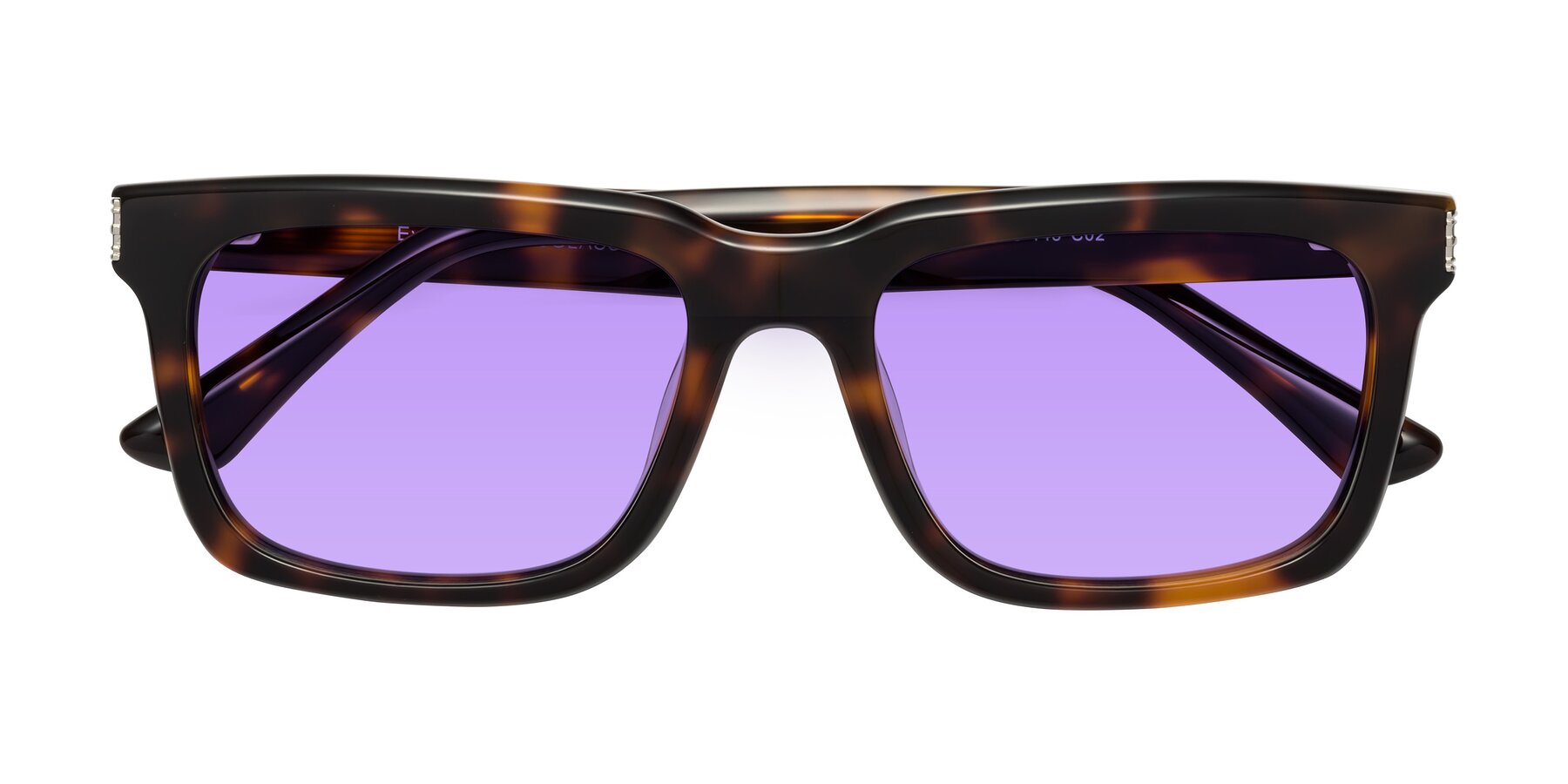 Folded Front of Evergreen in Tortoise with Medium Purple Tinted Lenses
