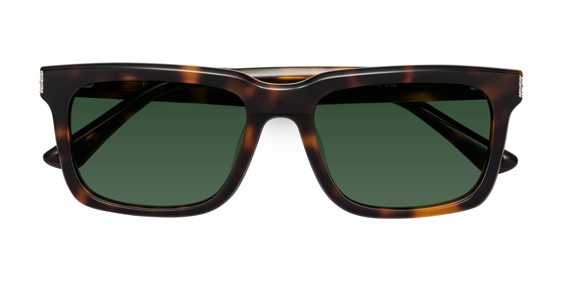 Folded Front of Evergreen in Tortoise with Green Tinted Lenses