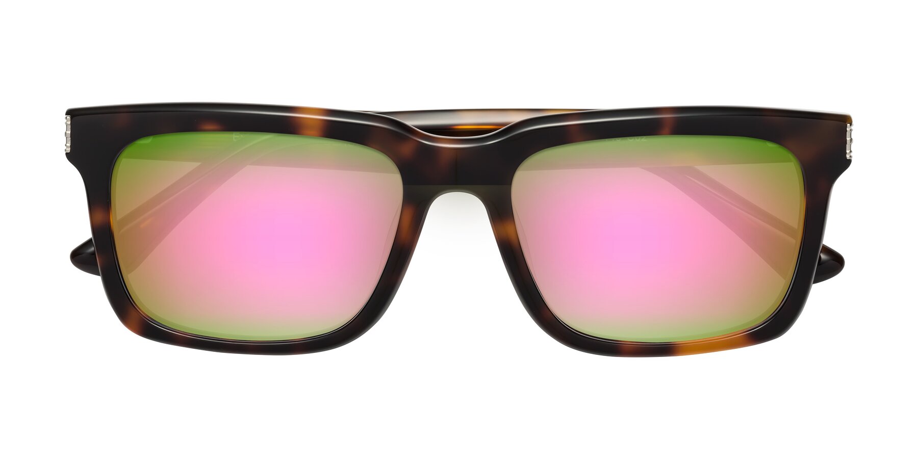 Folded Front of Evergreen in Tortoise with Pink Mirrored Lenses
