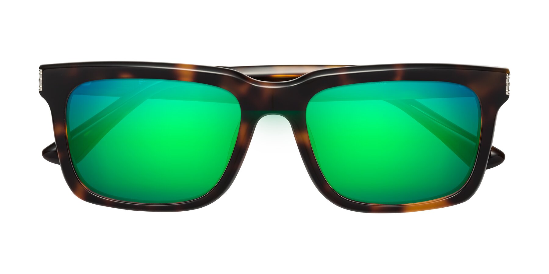 Folded Front of Evergreen in Tortoise with Green Mirrored Lenses