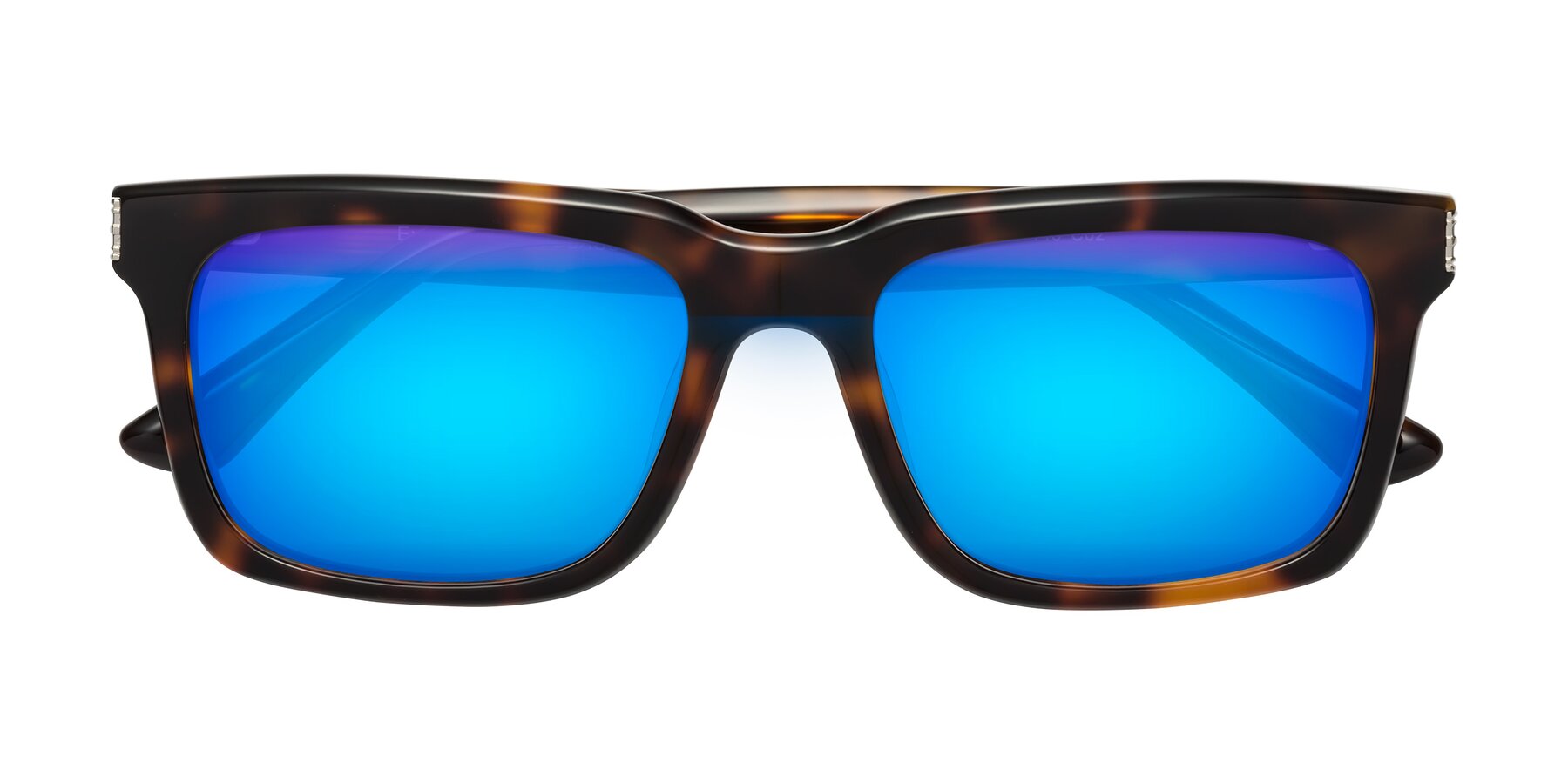 Folded Front of Evergreen in Tortoise with Blue Mirrored Lenses