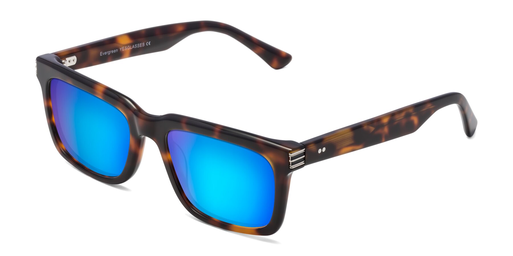 Angle of Evergreen in Tortoise with Blue Mirrored Lenses