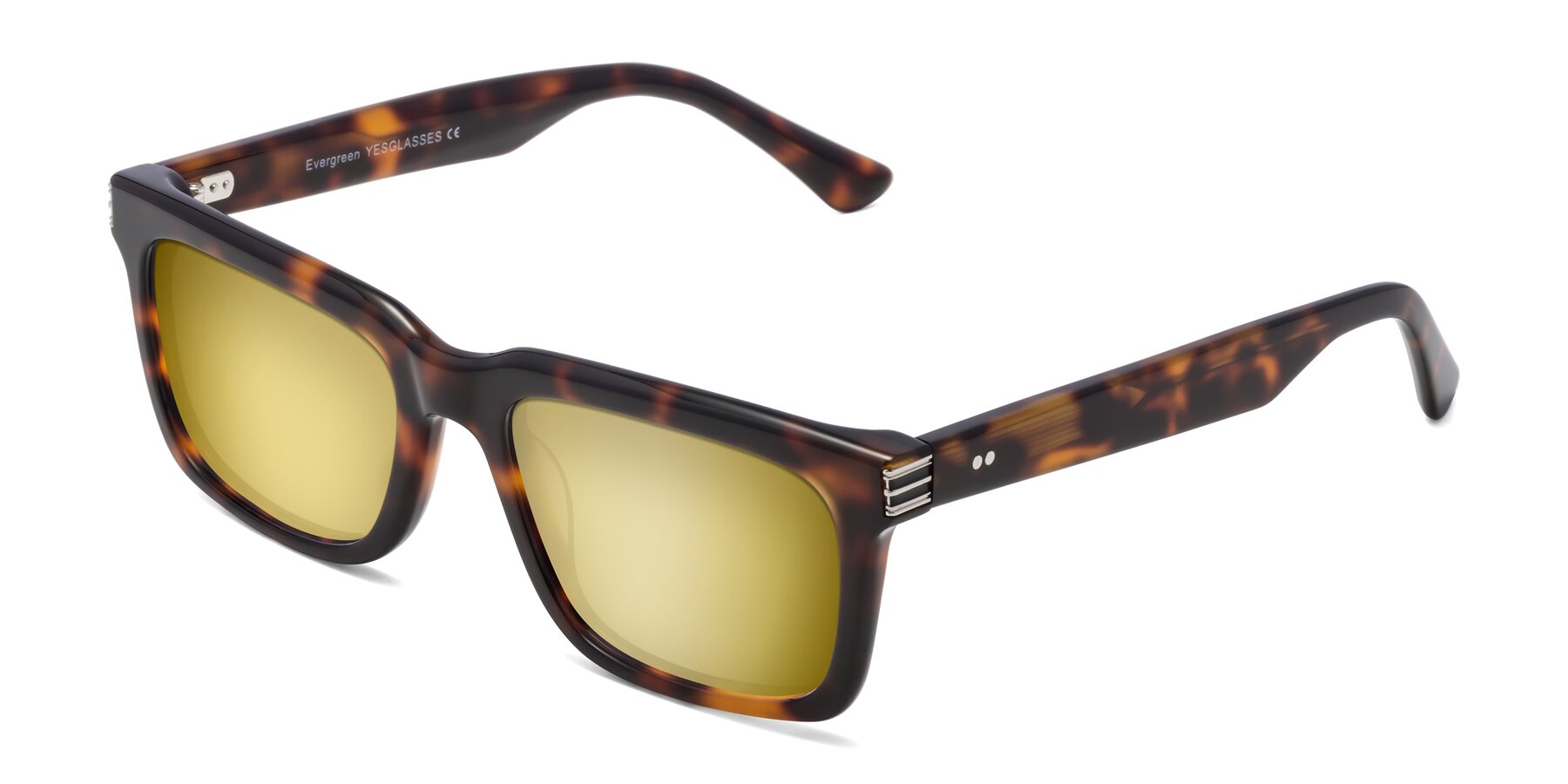 Angle of Evergreen in Tortoise with Gold Mirrored Lenses