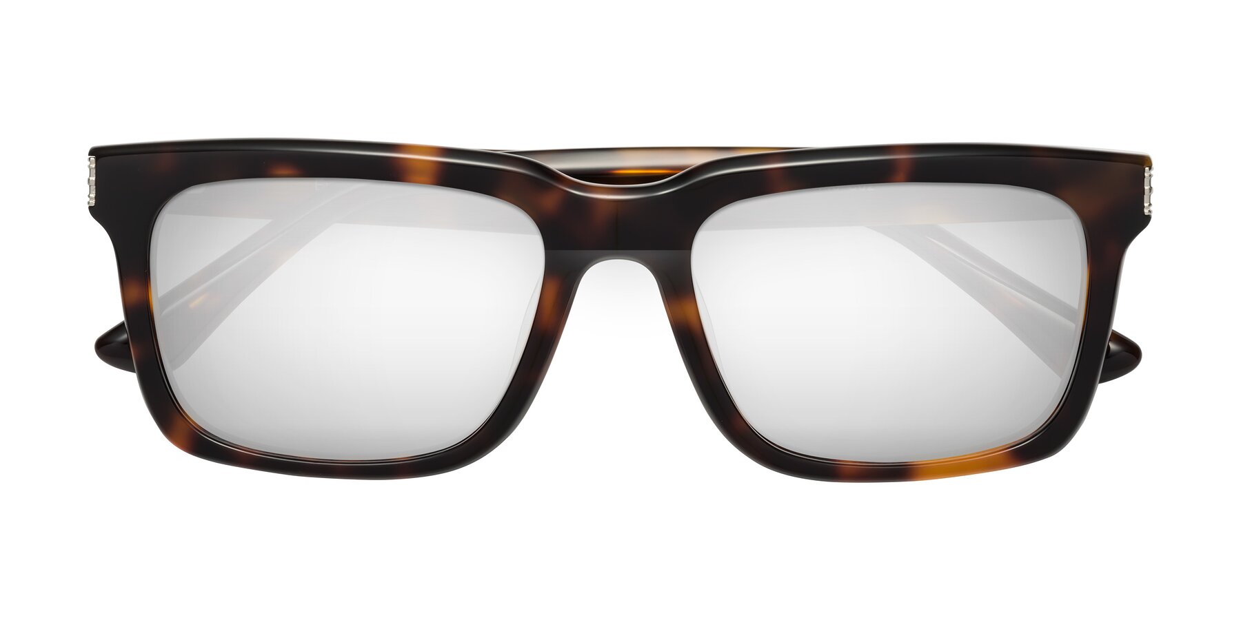 Folded Front of Evergreen in Tortoise with Silver Mirrored Lenses