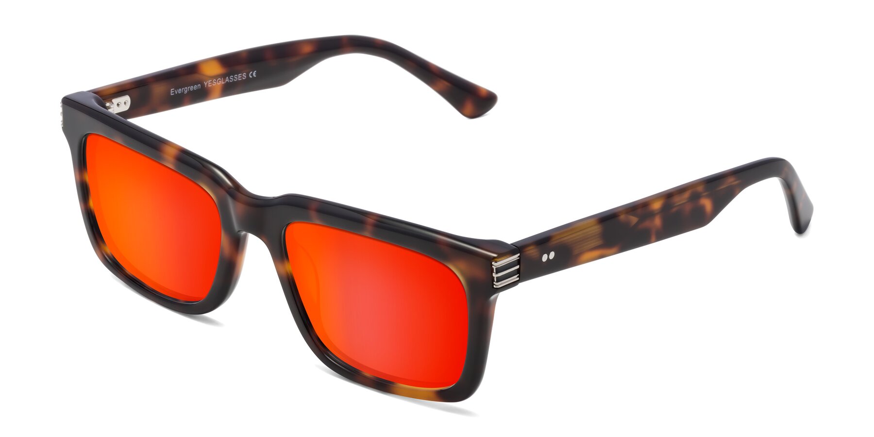 Angle of Evergreen in Tortoise with Red Gold Mirrored Lenses