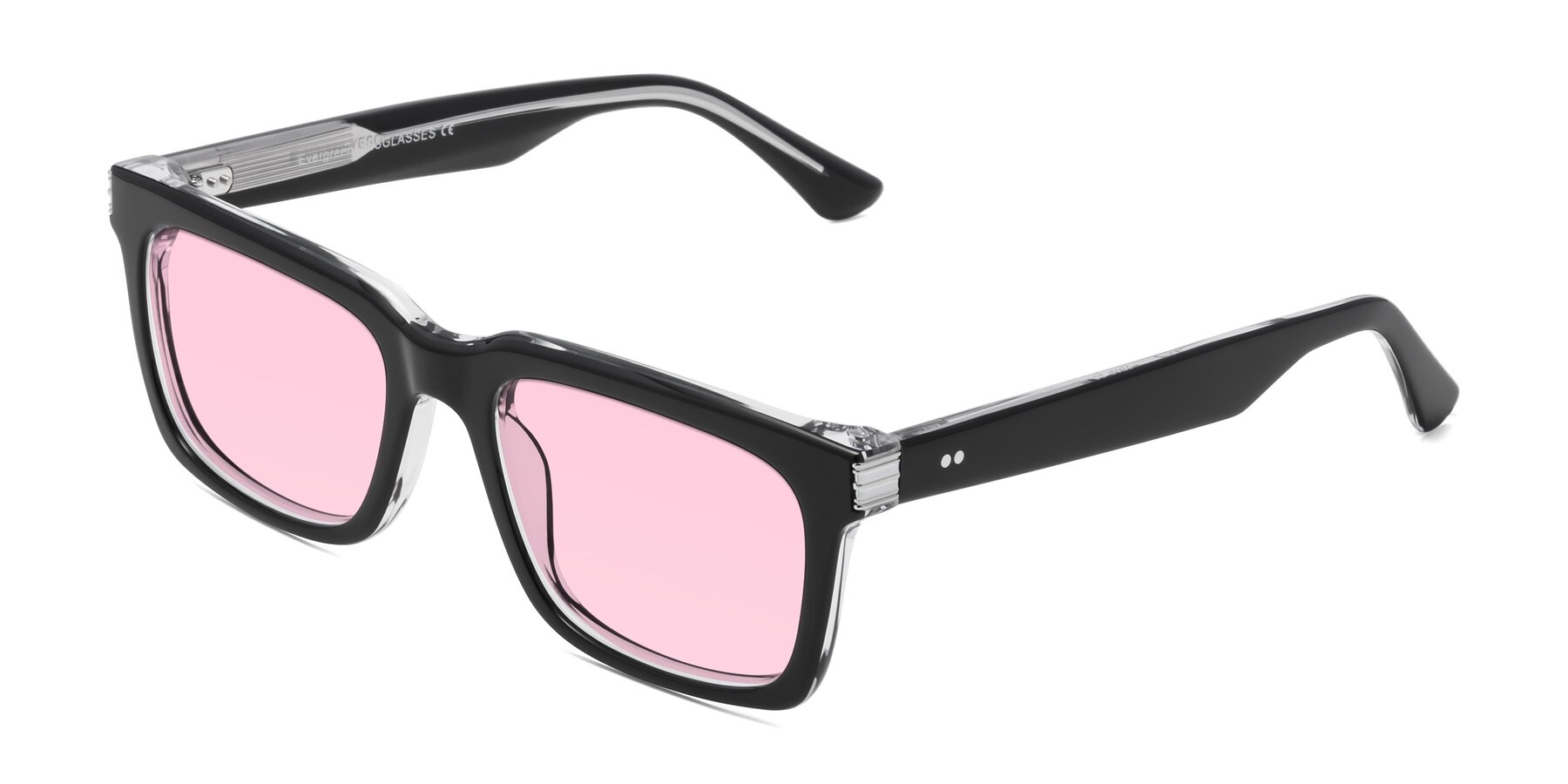 Angle of Evergreen in Black-Clear with Light Pink Tinted Lenses