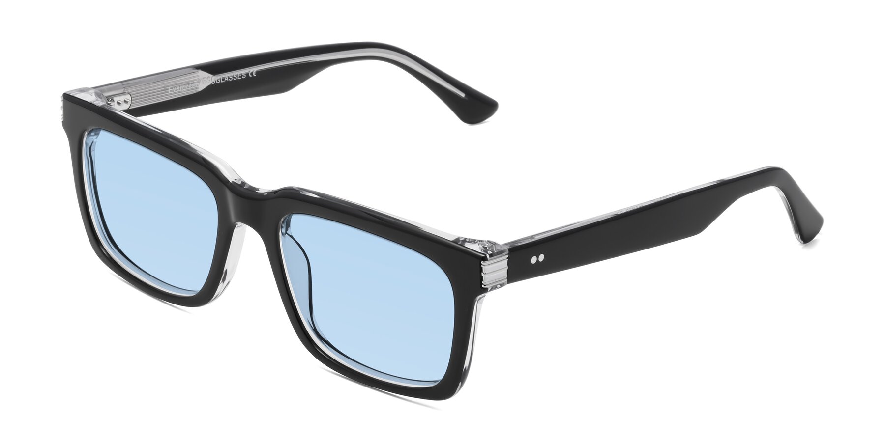 Angle of Evergreen in Black-Clear with Light Blue Tinted Lenses