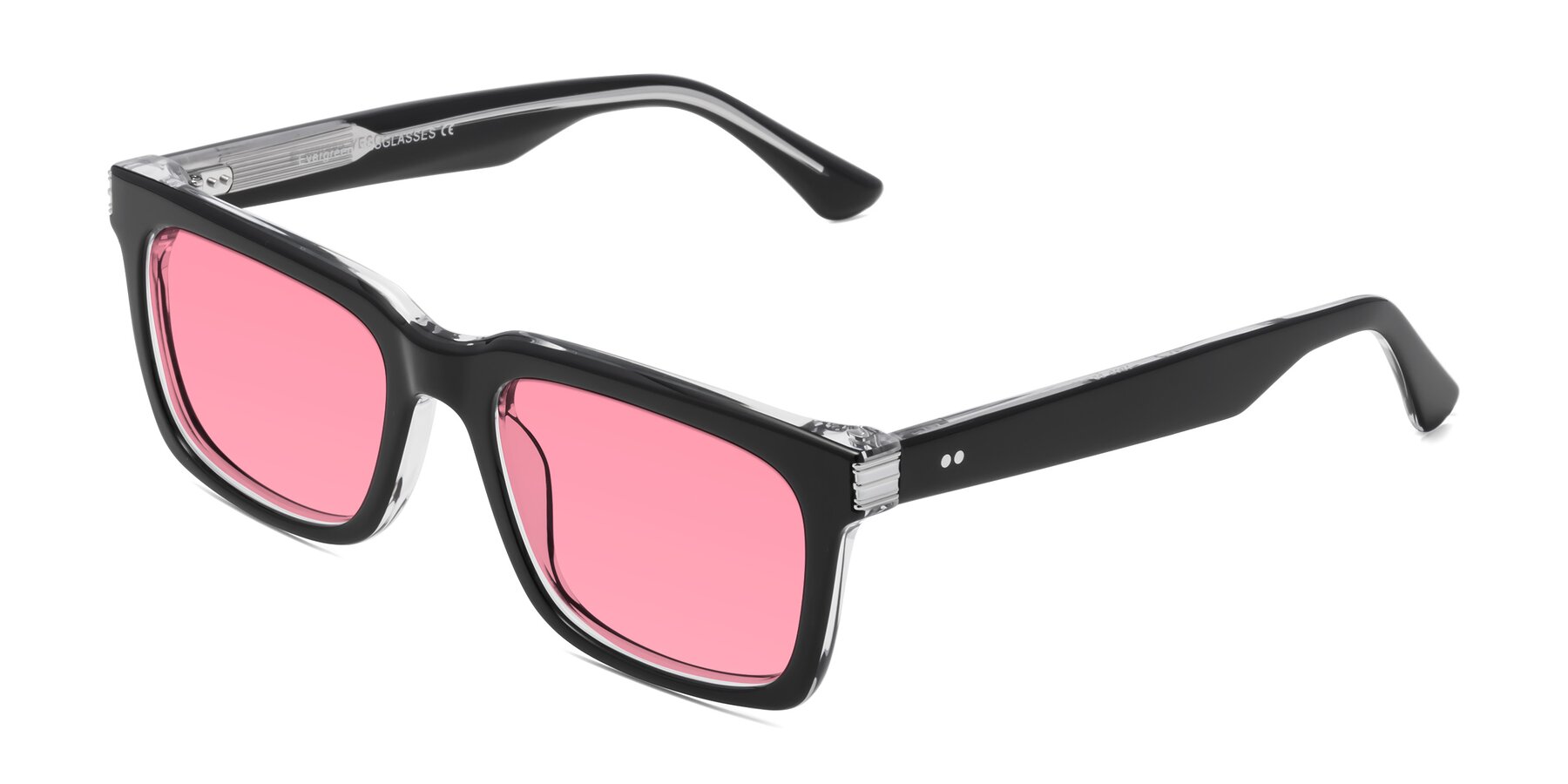 Angle of Evergreen in Black-Clear with Pink Tinted Lenses