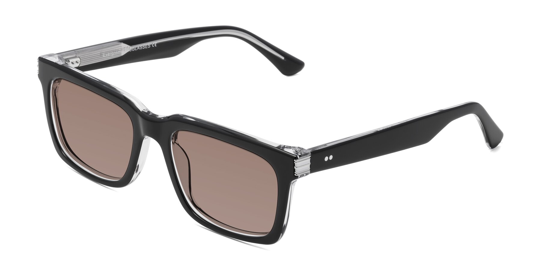 Angle of Evergreen in Black-Clear with Medium Brown Tinted Lenses