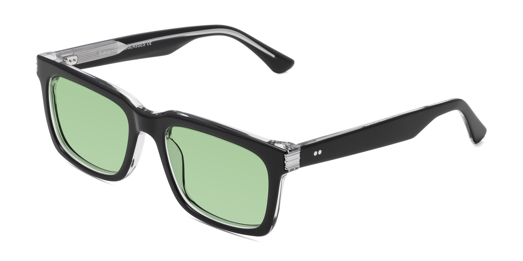 Angle of Evergreen in Black-Clear with Medium Green Tinted Lenses