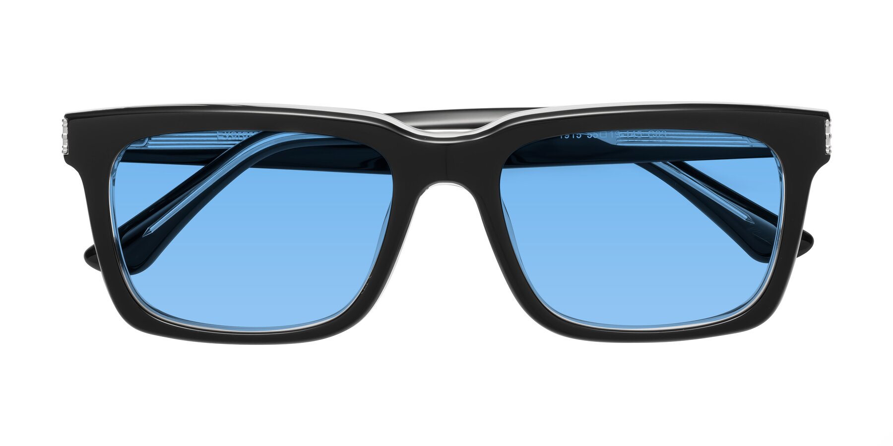 Folded Front of Evergreen in Black-Clear with Medium Blue Tinted Lenses