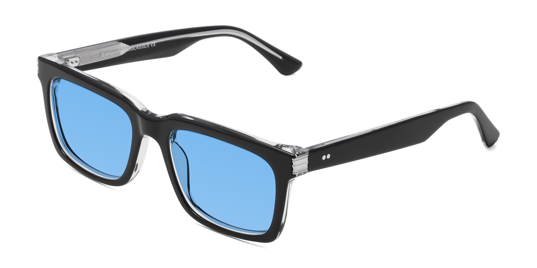 Angle of Evergreen in Black-Clear with Medium Blue Tinted Lenses