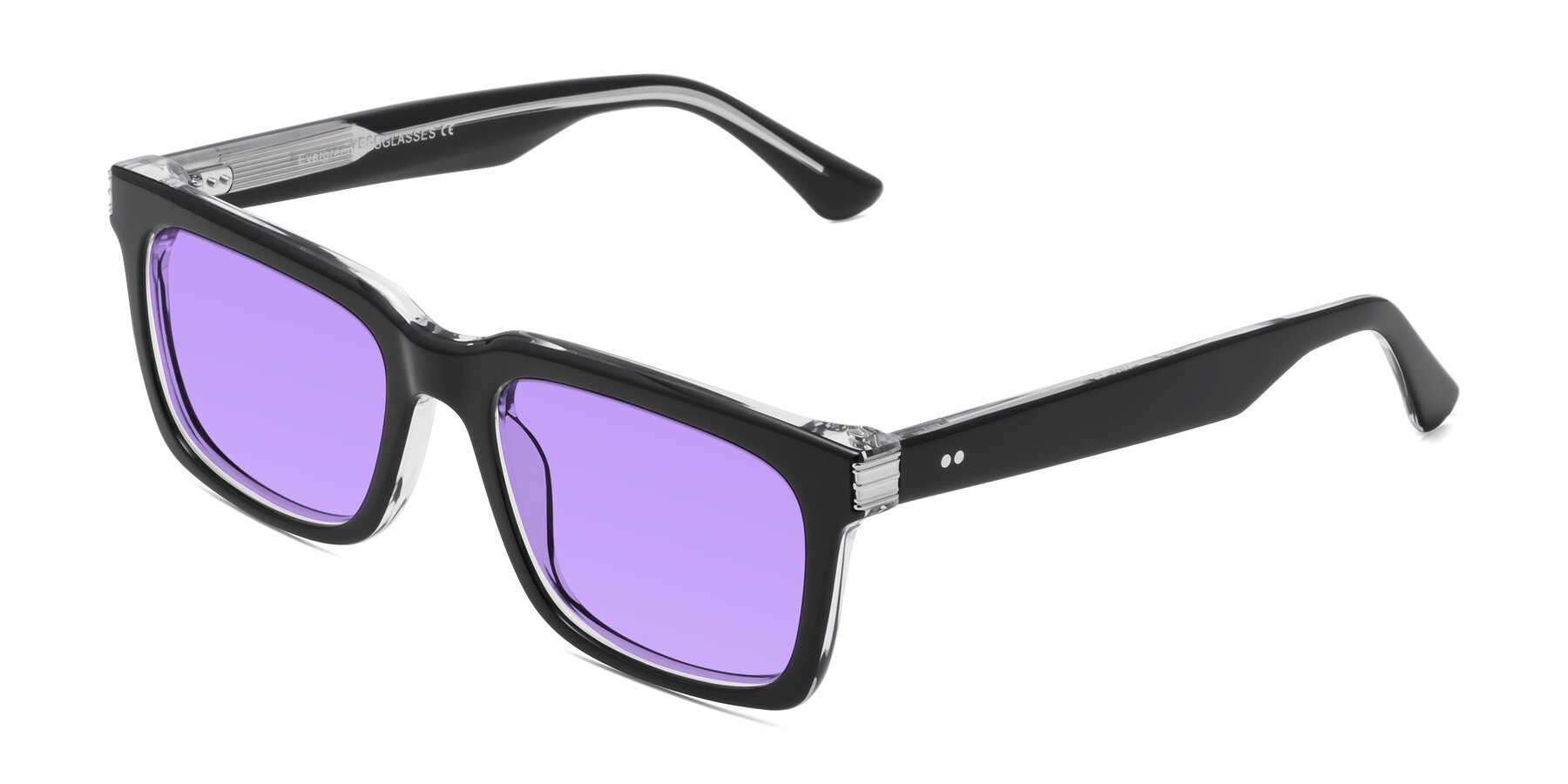 Angle of Evergreen in Black-Clear with Medium Purple Tinted Lenses