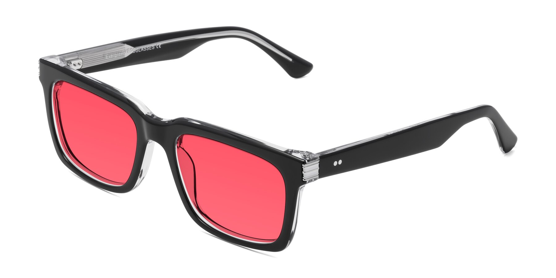 Angle of Evergreen in Black-Clear with Red Tinted Lenses