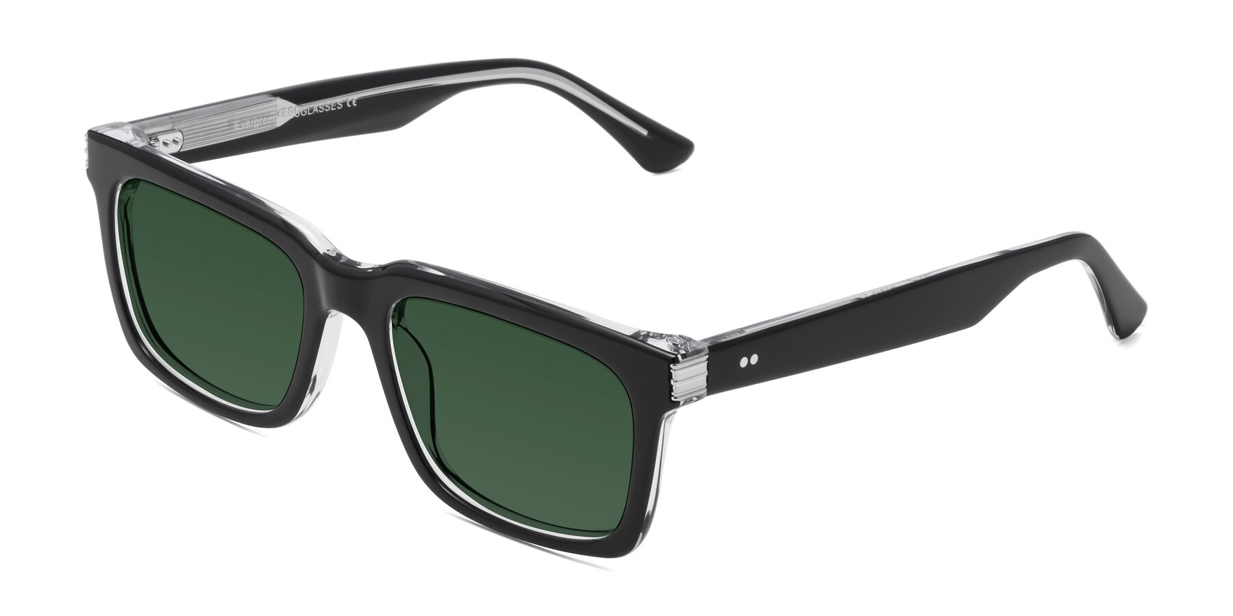 Angle of Evergreen in Black-Clear with Green Tinted Lenses