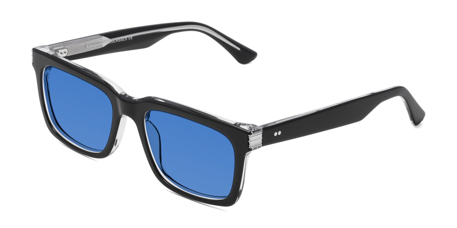 Angle of Evergreen in Black-Clear with Blue Tinted Lenses