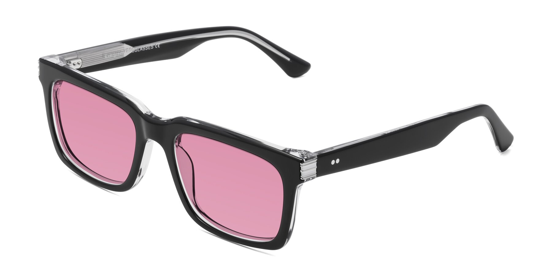 Angle of Evergreen in Black-Clear with Medium Wine Tinted Lenses