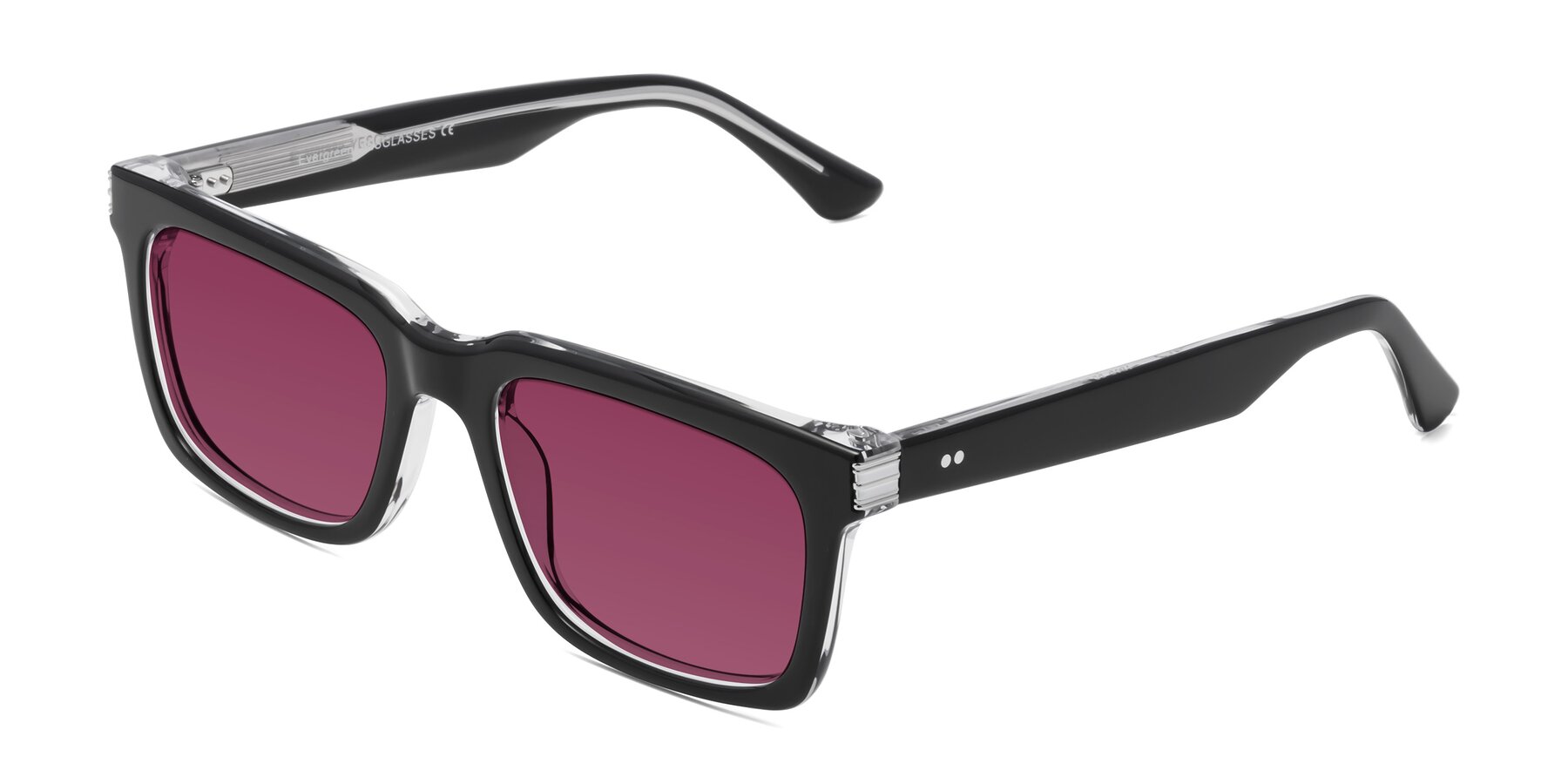 Angle of Evergreen in Black-Clear with Wine Tinted Lenses