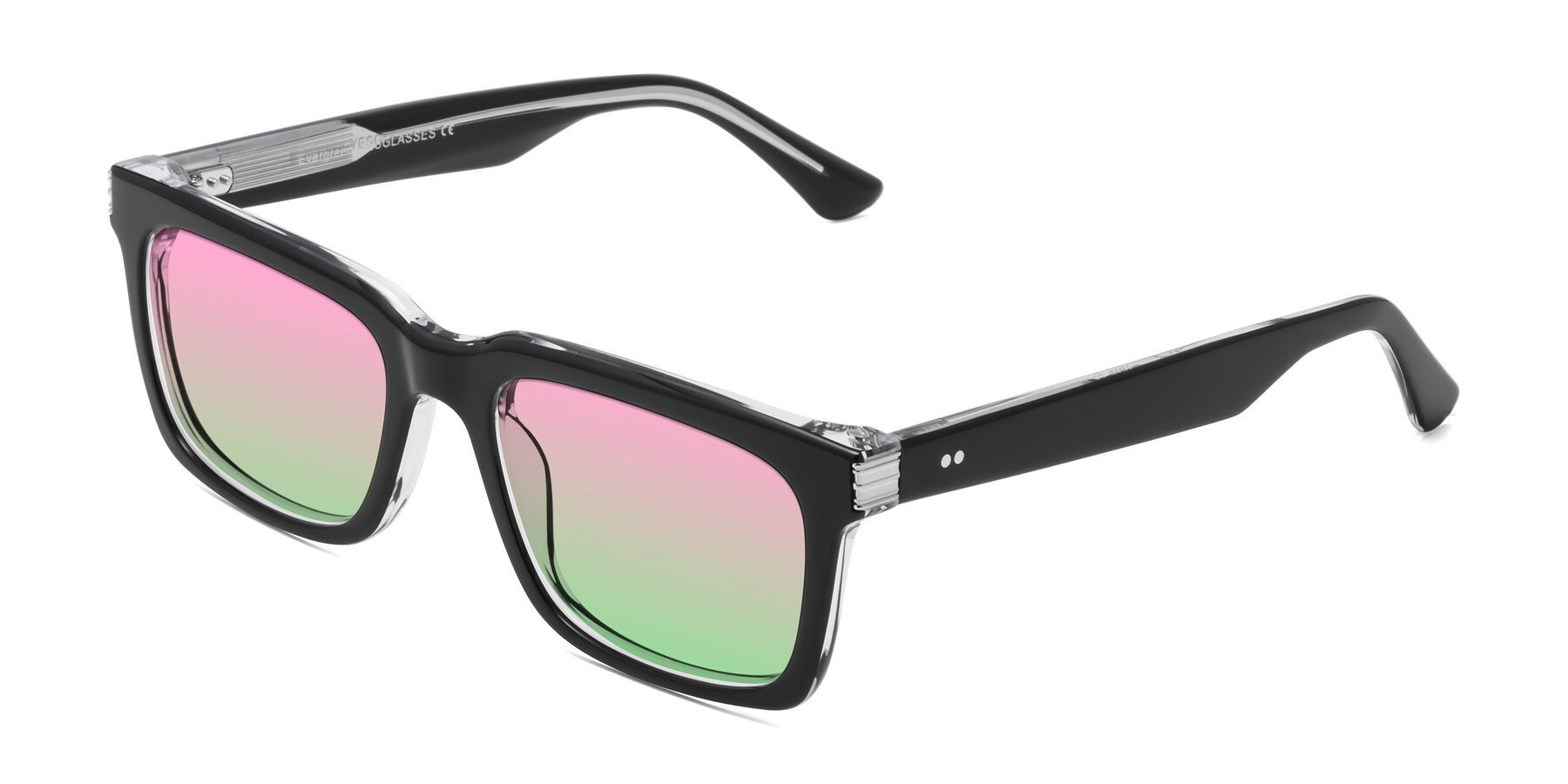 Angle of Evergreen in Black-Clear with Pink / Green Gradient Lenses