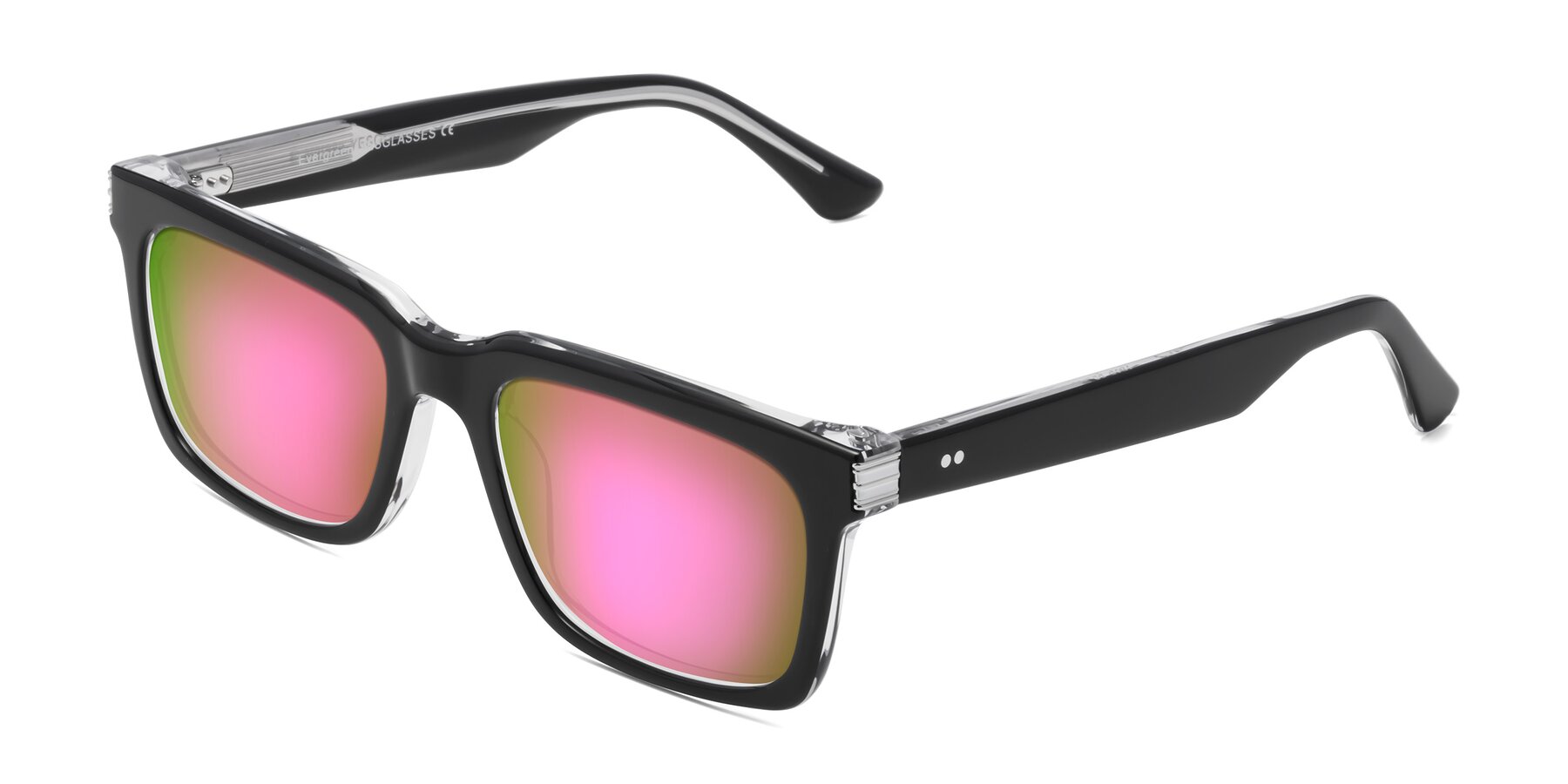 Angle of Evergreen in Black-Clear with Pink Mirrored Lenses