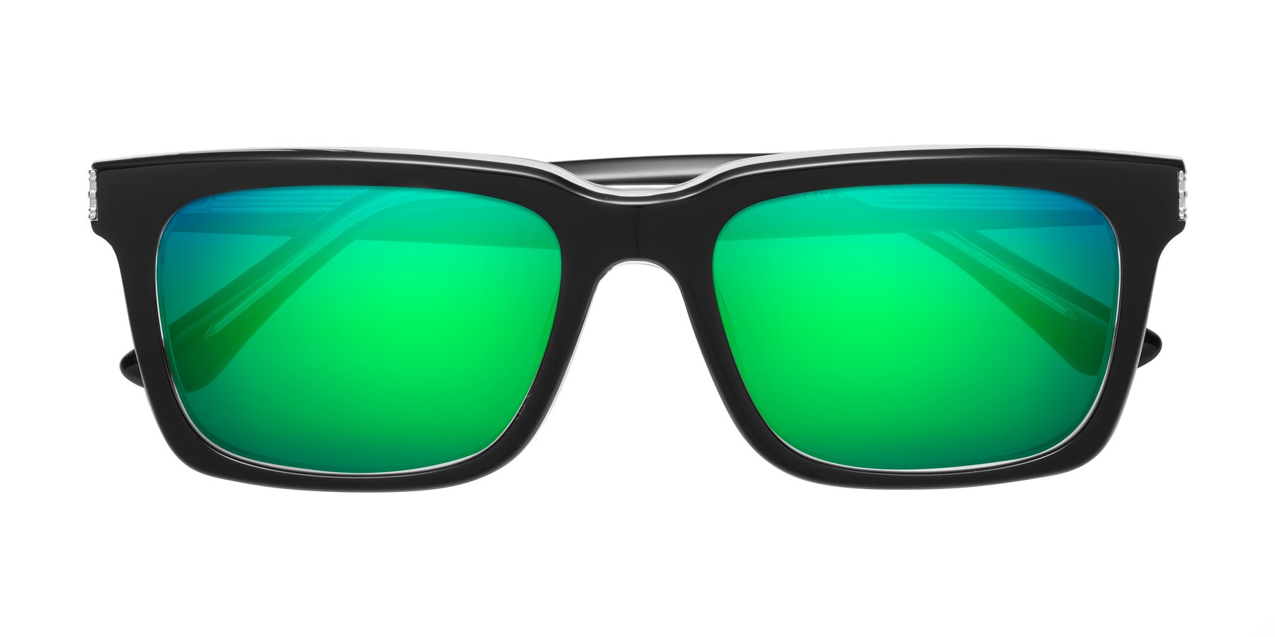 Folded Front of Evergreen in Black-Clear with Green Mirrored Lenses