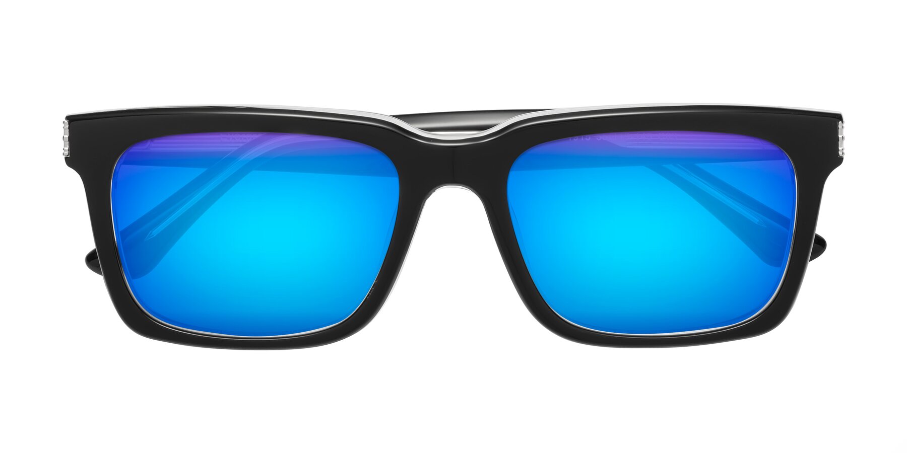 Folded Front of Evergreen in Black-Clear with Blue Mirrored Lenses