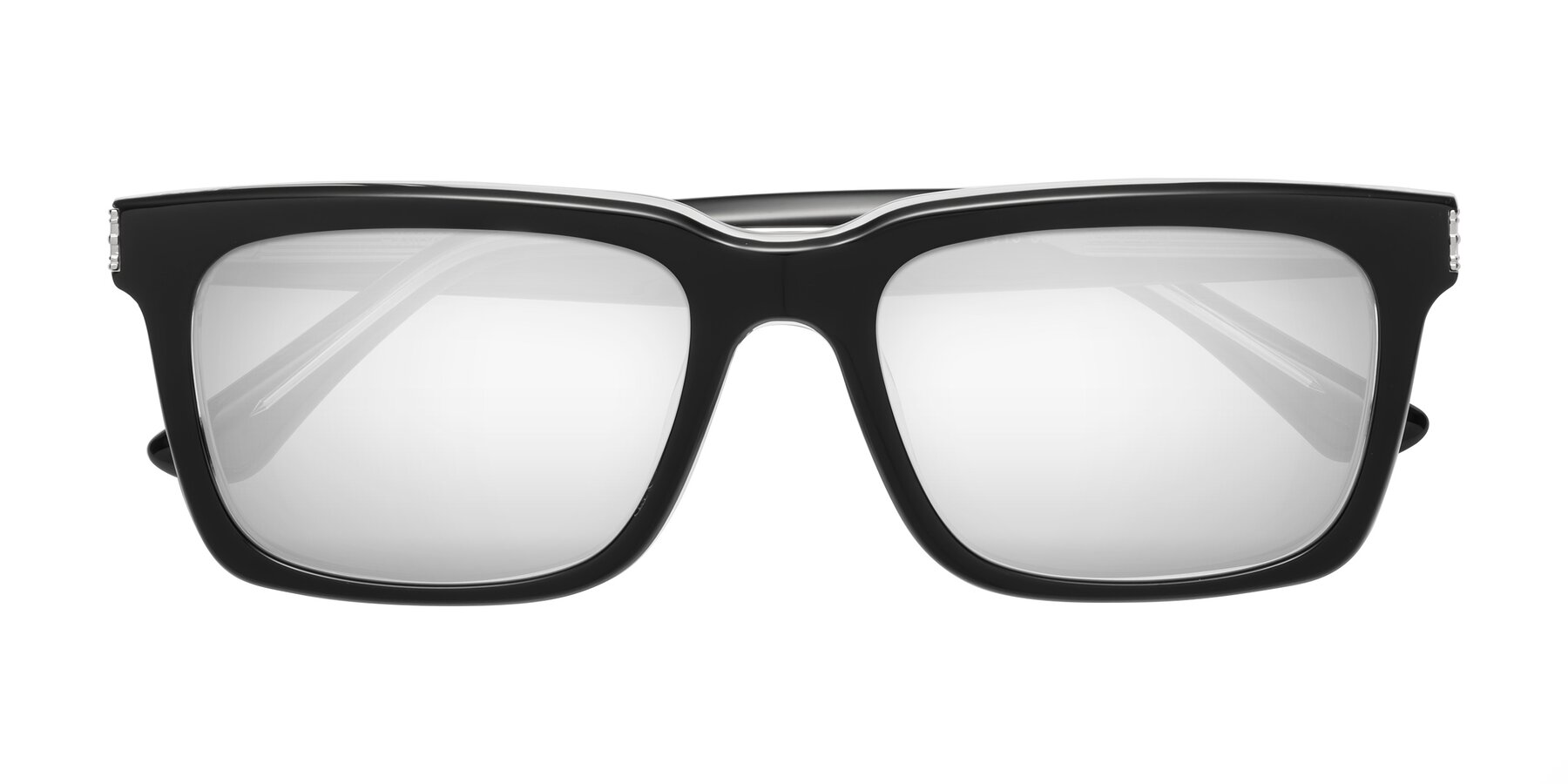 Folded Front of Evergreen in Black-Clear with Silver Mirrored Lenses